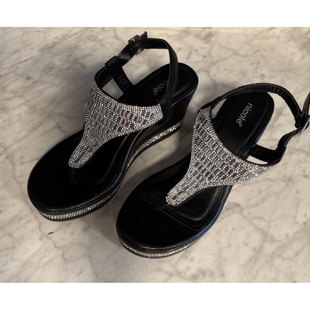Brand New Nicole Black Rhinestone Wedge Sandals‎ 8.5M